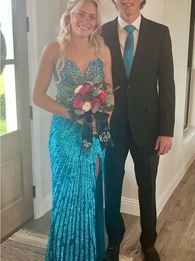 Primavera Couture Teal Sequin Prom Dress